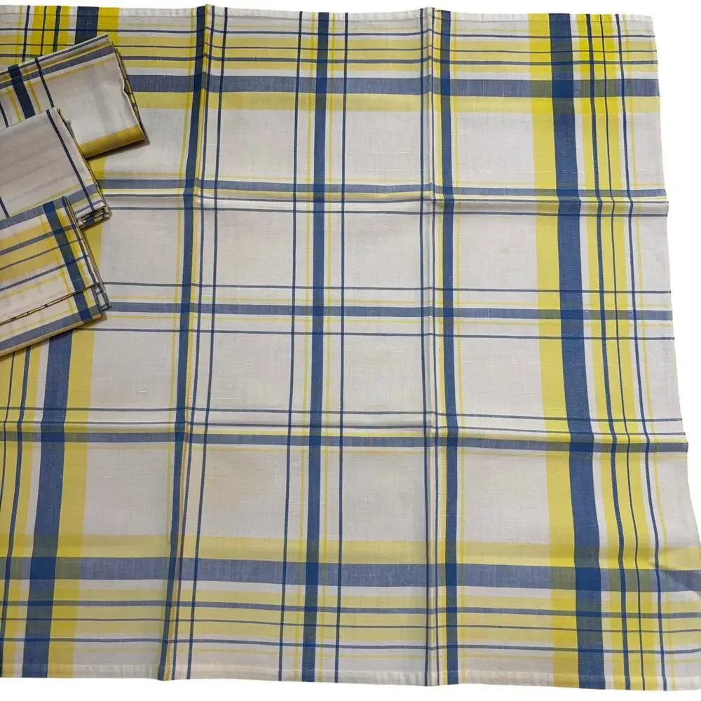 Cloth napkins set of 4 large squares cream blue yellow plaid print on cotton